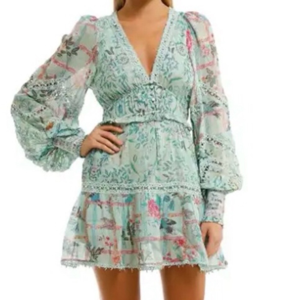 HEMANT & NANDITA Light Blue Floral V-Neck Tiered Mini Dress Size XS